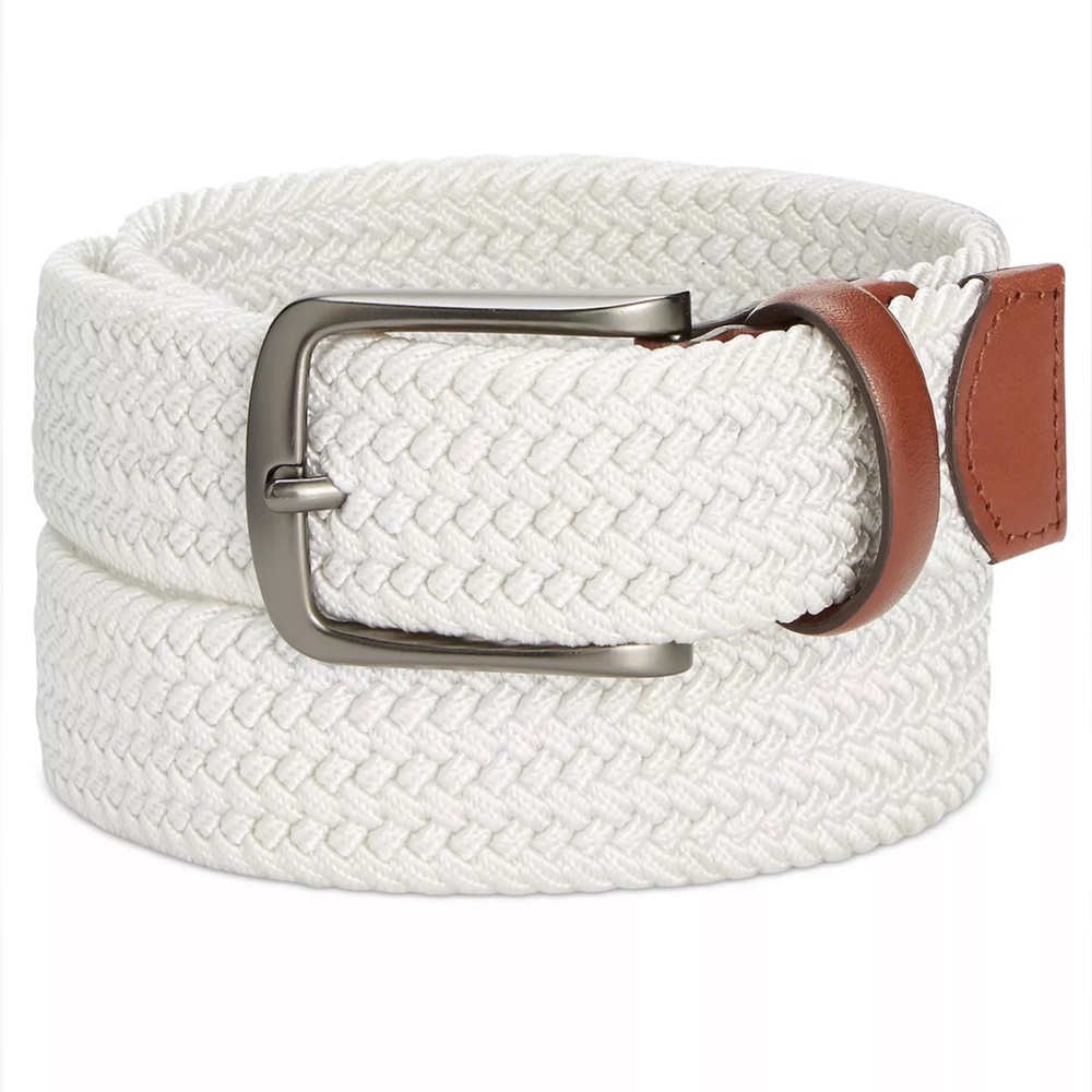 Perry Ellis Portfolio Webbed Leather Trim White Belt - 34/36